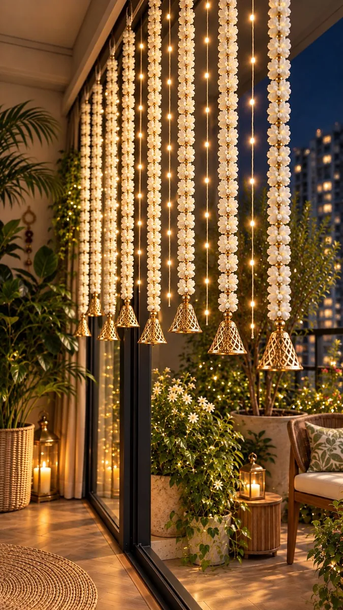 Balcony at night with white floral strings, gold bells and curtain lights