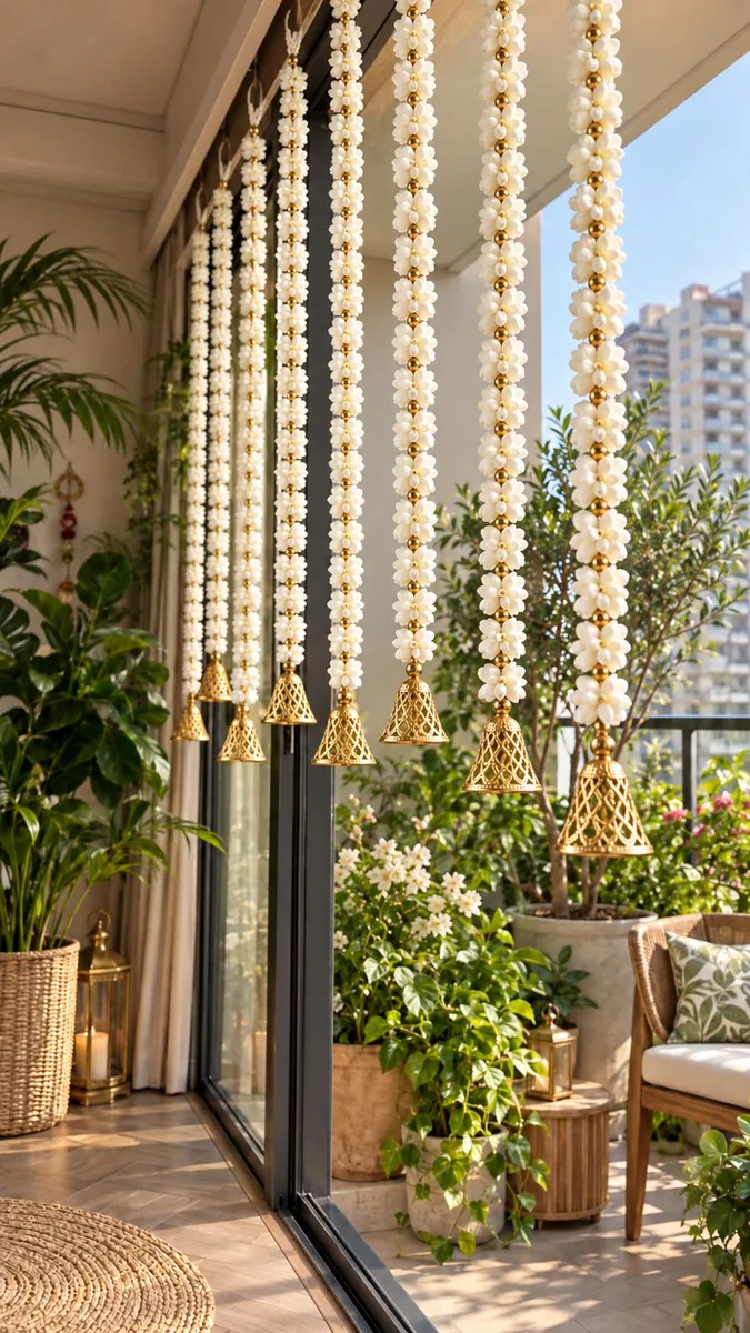 Balcony by day with white floral strings ending in gold bells