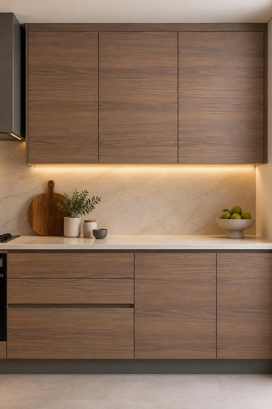 Kitchen cabinets in a walnut wood-look film