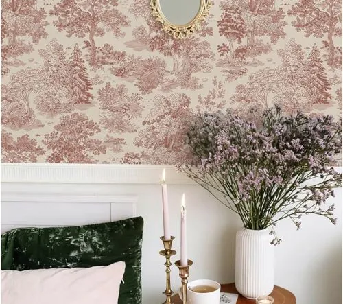 Toile peel-and-stick wallpaper, red and cream