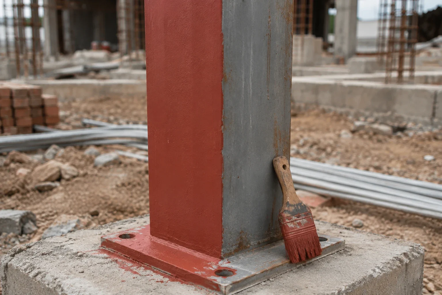 Red primer half-applied to a steel column on its base plate, a brush leaning against it
