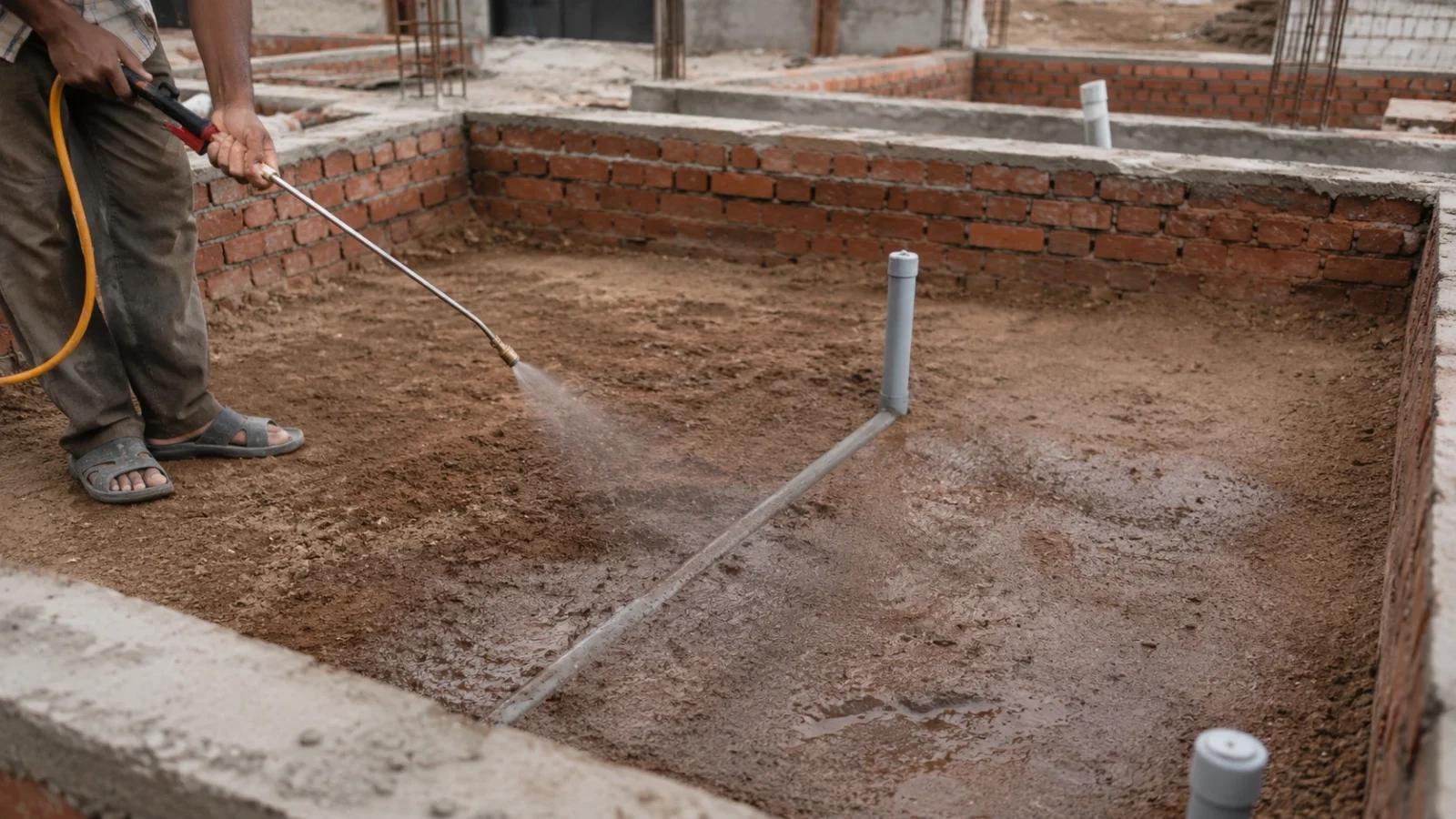 A worker spraying anti-termite chemical over plinth filling inside brick foundation walls