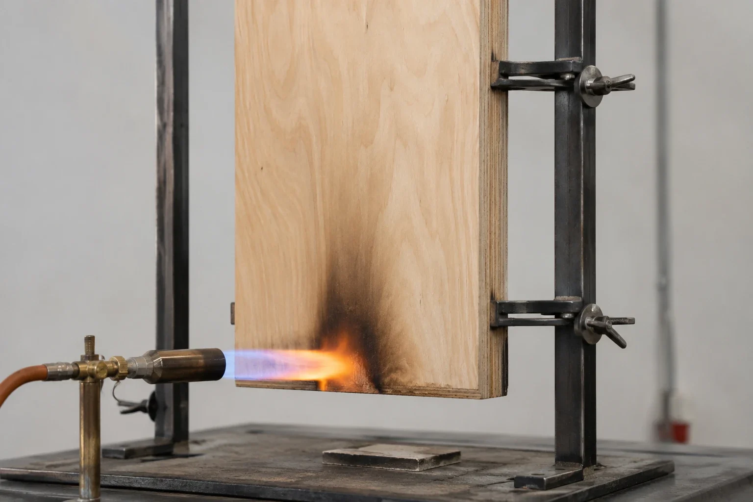 A plywood panel in a test rig with a blue gas flame charring its edge