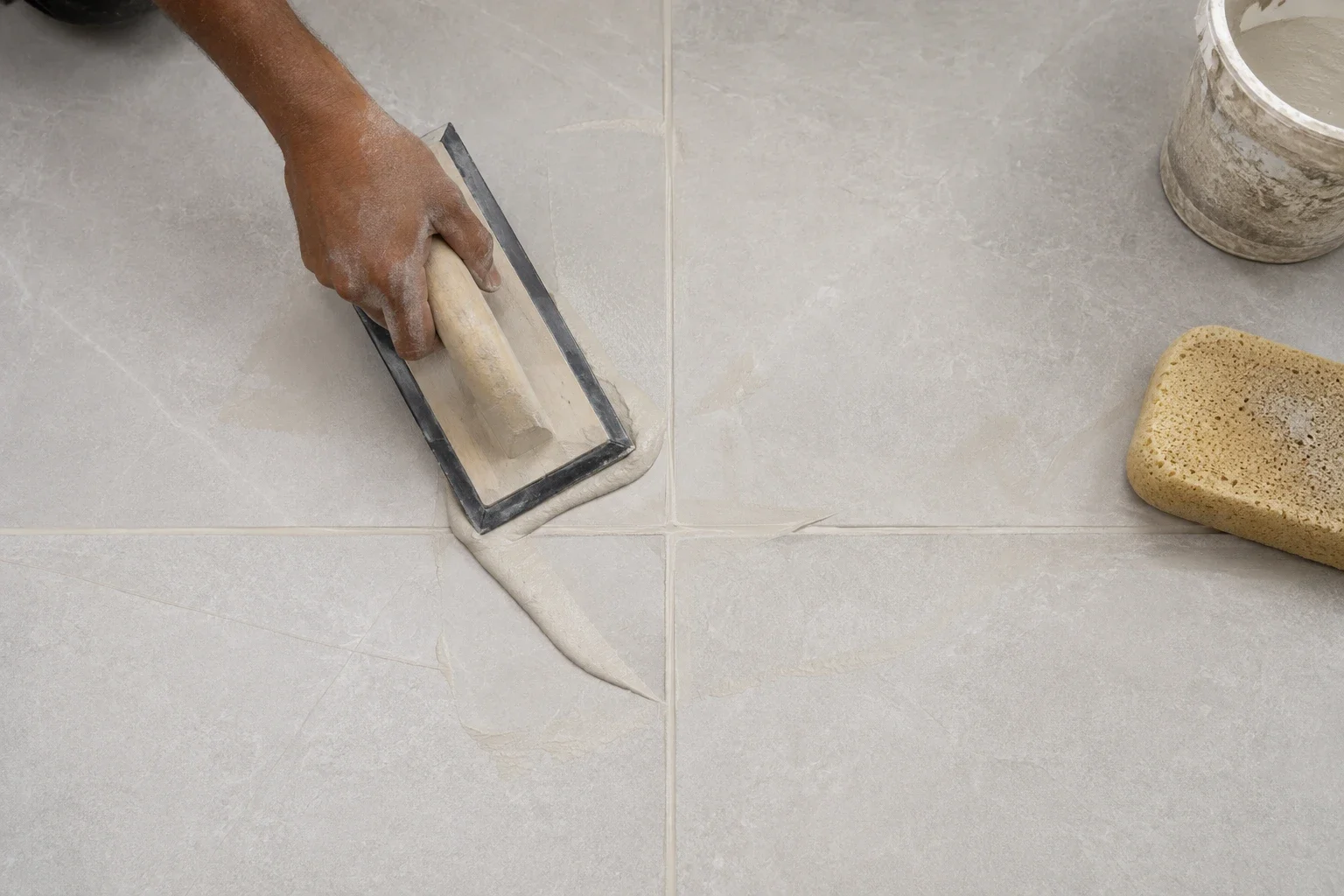 A hand working grout diagonally into large-format floor tile joints, a sponge alongside