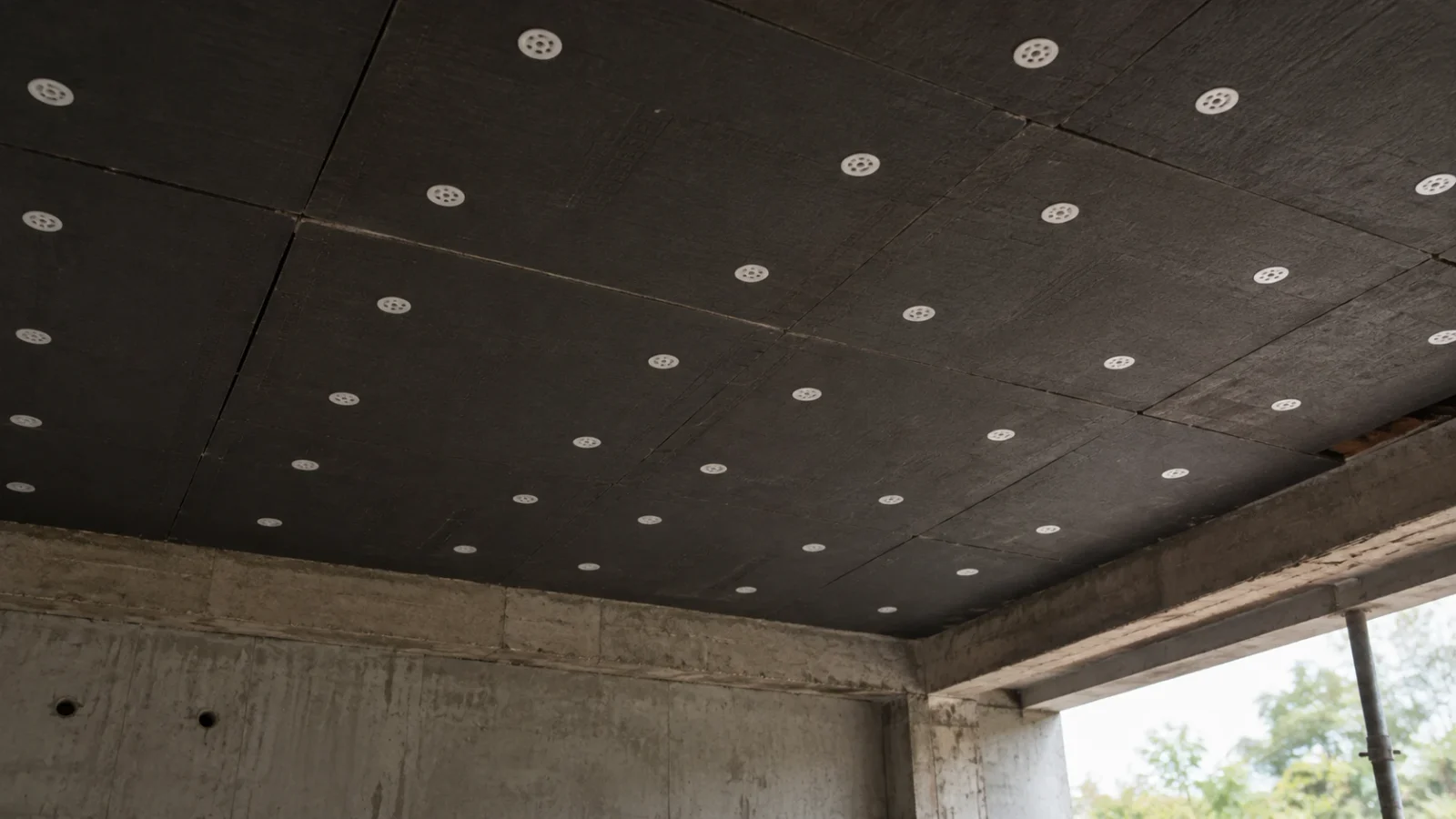 Dark insulation boards fixed to a concrete soffit with white washer discs