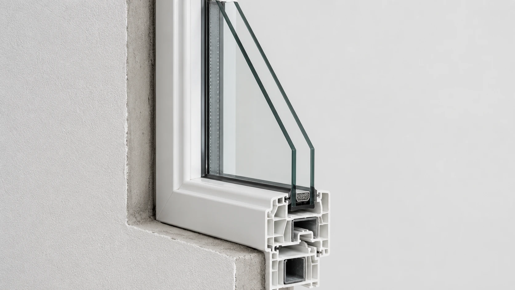 Cutaway of a uPVC window frame showing double glazing, the spacer bar and the steel-reinforced chambers
