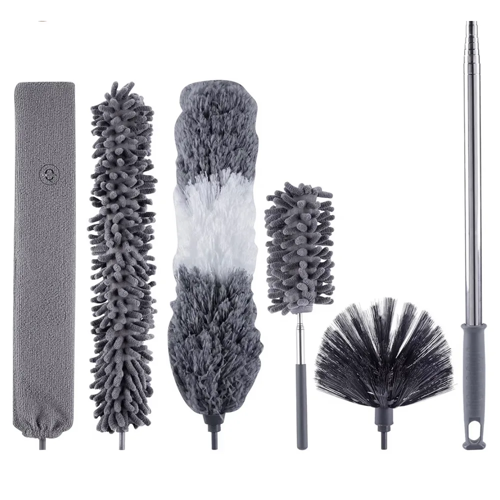A five-piece microfiber duster kit with a cobweb head, feather duster, blind cleaner and an extension pole reaching to 100 inches
