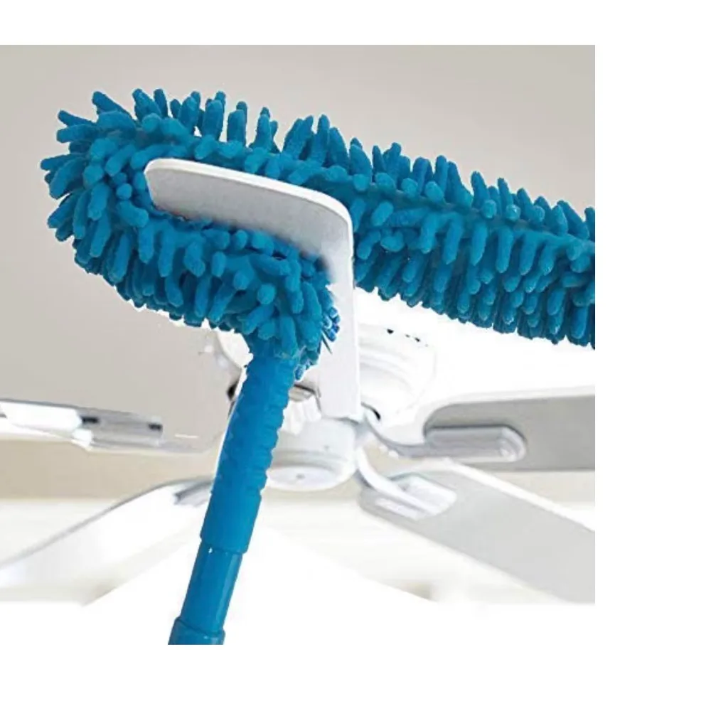 A blue microfiber fan duster with its bent head wrapped around a white ceiling-fan blade