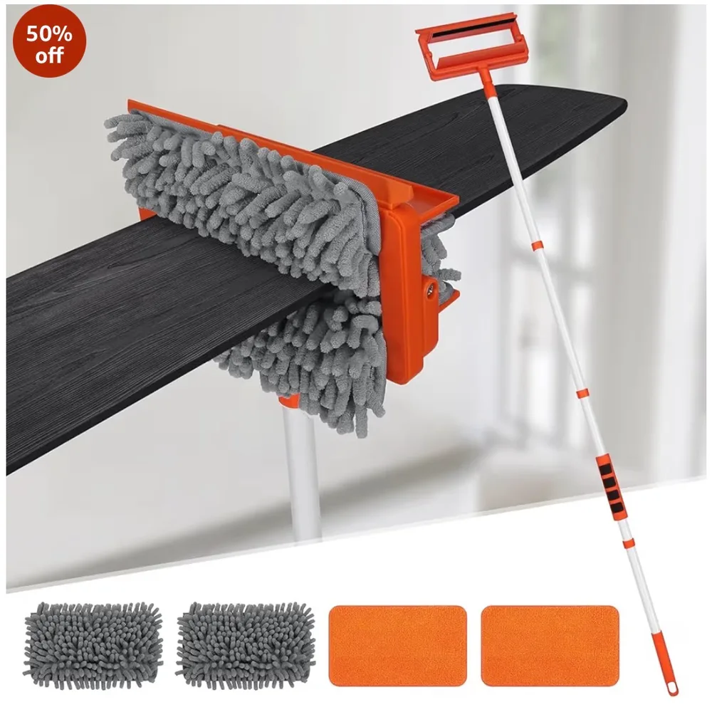 A Monjay 3-in-1 fan duster with a 159 cm extendable handle and two washable microfiber mop heads