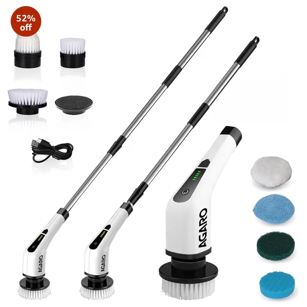 A white Agaro Royal cordless electric spin scrubber with its set of eight brush heads laid out beside it