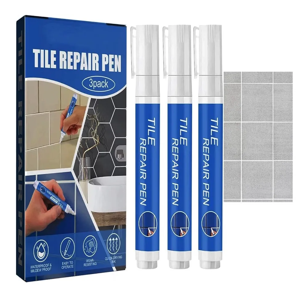 A three-pack of blue and white tile repair pens beside their box, with a swatch of grey tiles and whitened grout
