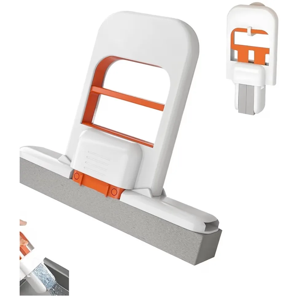 A white hand-held mini sponge mop with a self-squeeze lever, and two spare grey sponge heads beside it