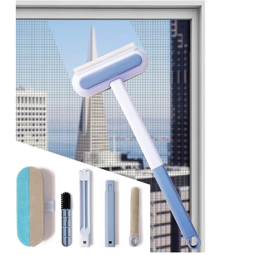 A blue 4-in-1 mesh screen brush on a window net, with its five attachments laid out below