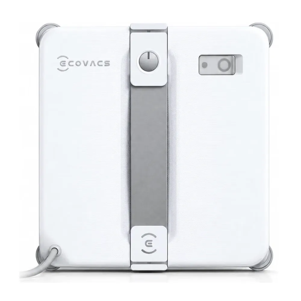 A white ECOVACS WINBOT MINI 2 square window cleaning robot with a grey handle down the middle