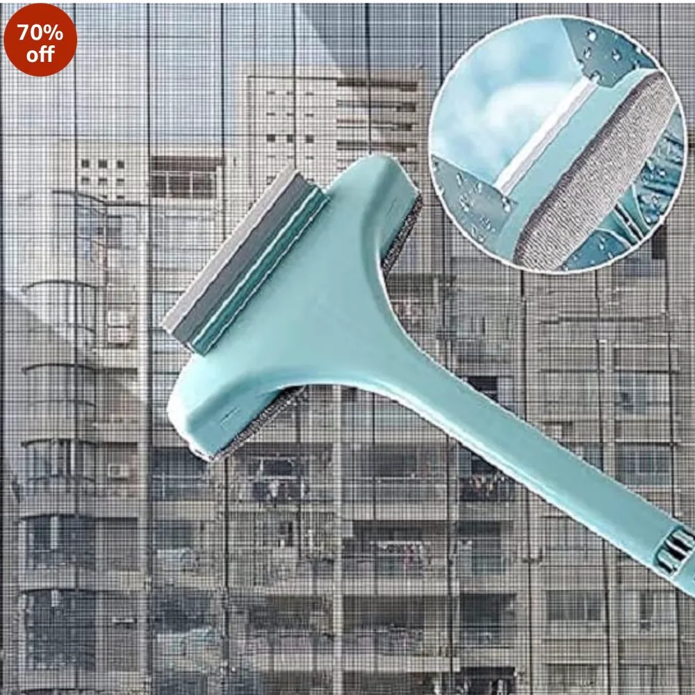 A double-sided window mesh brush with a wiper and an extended handle