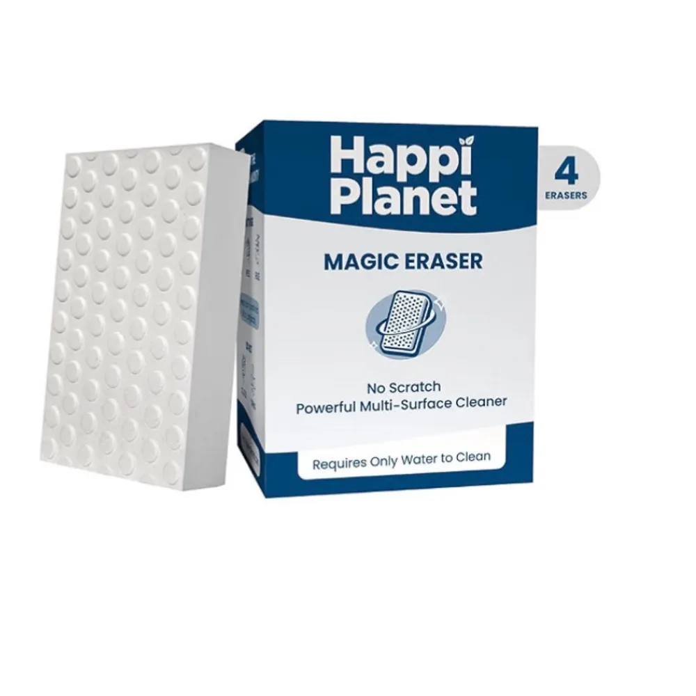 A white Happi Planet magic eraser sponge with a dimpled surface, standing beside its blue and white box of four