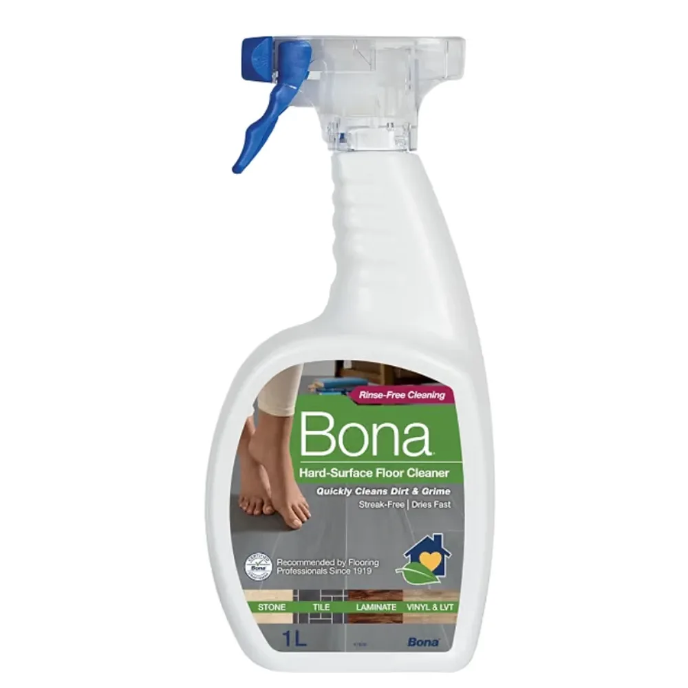 A one litre white spray bottle of Bona hard-surface floor cleaner with a blue trigger