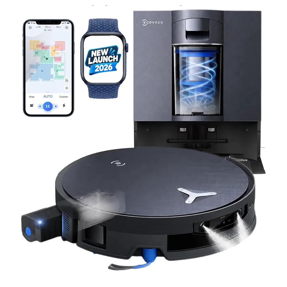 A dark grey ECOVACS DEEBOT X12 OmniCyclone robot vacuum and mop in front of its self-emptying dock, with the app open on a phone beside it
