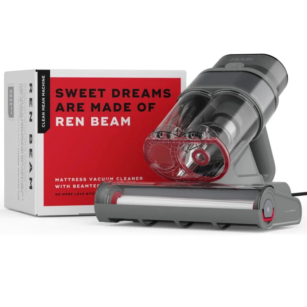 A Nuuk Ren Beam mattress vacuum with its roller head, in front of its red and white box