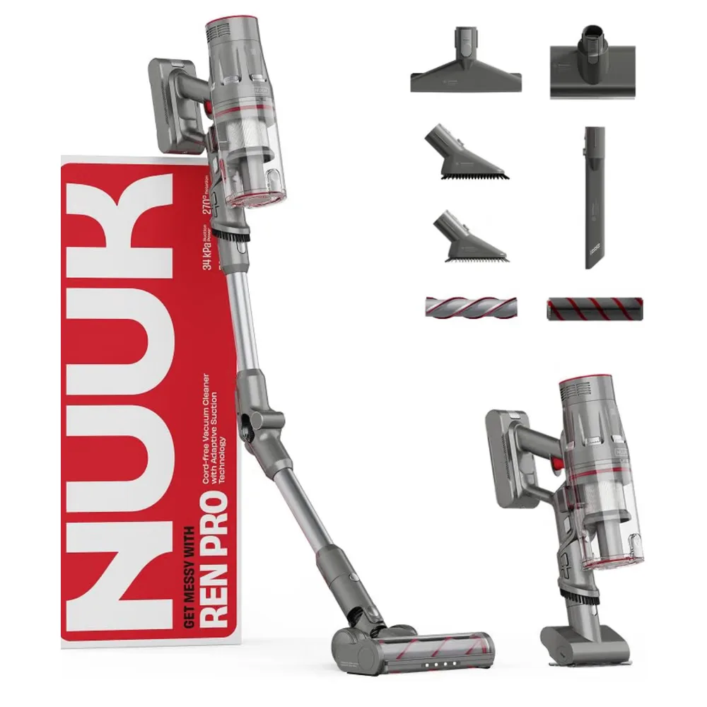 A Nuuk Ren Pro cordless stick vacuum beside its red box, with its attachments laid out