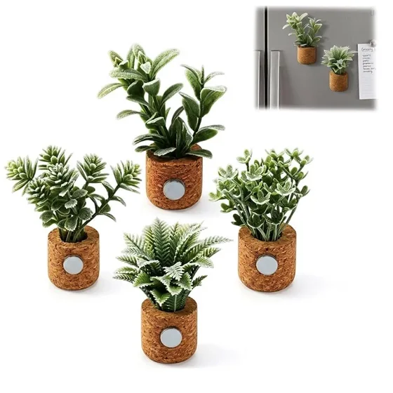 Four mini potted succulent magnets in terracotta-coloured pots