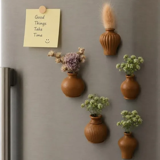 Terracotta-look vase magnets with dried flowers on a grey fridge, beside a sticky note