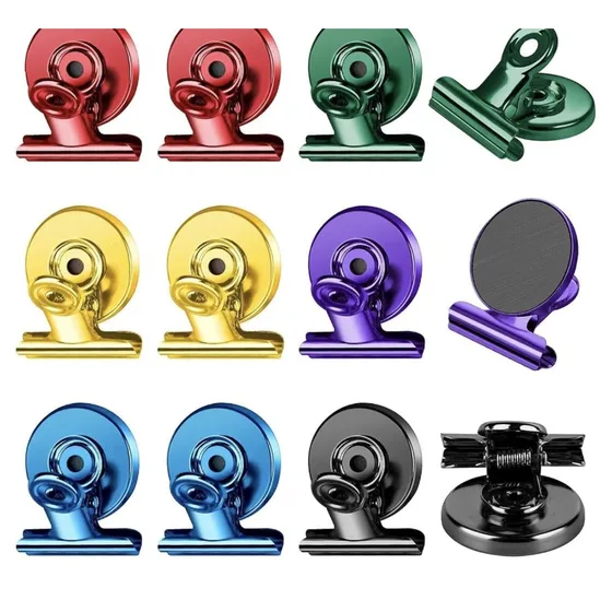 Metallic bulldog clips with magnetic backs in red, green, gold, purple, blue and black