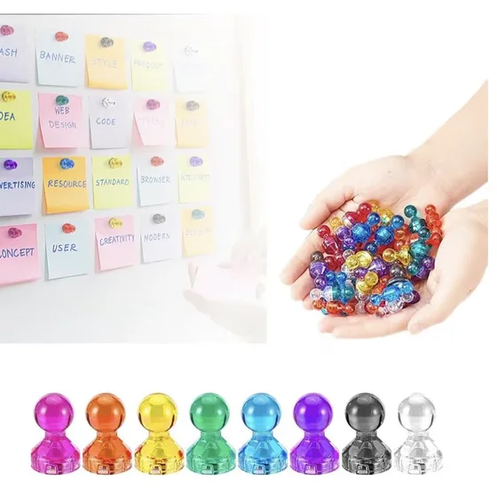 A handful of colourful pushpin-shaped magnets, and a row of them in a line