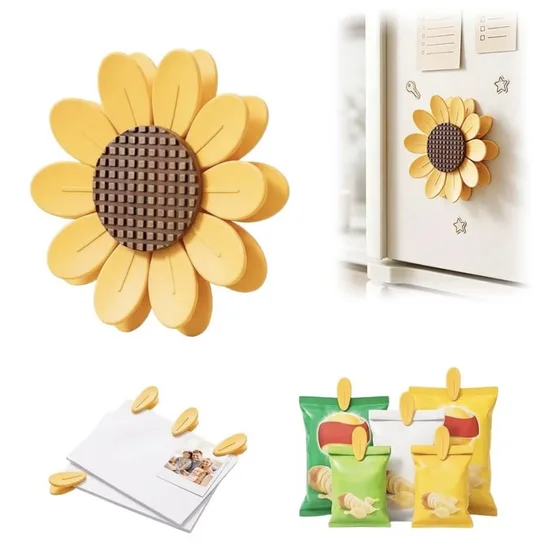 A yellow sunflower magnet, with small petal clips sealing snack packets and holding notes