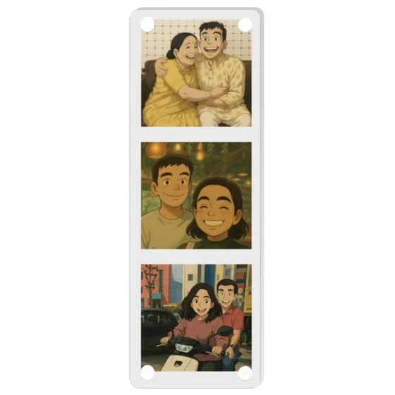 A clear acrylic photo strip frame holding three family photos, one above the other