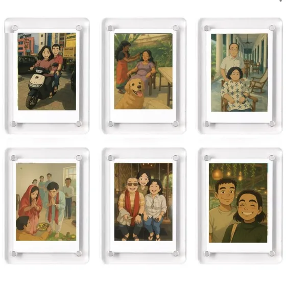 Six clear acrylic polaroid-size frames in two rows, each holding a photo