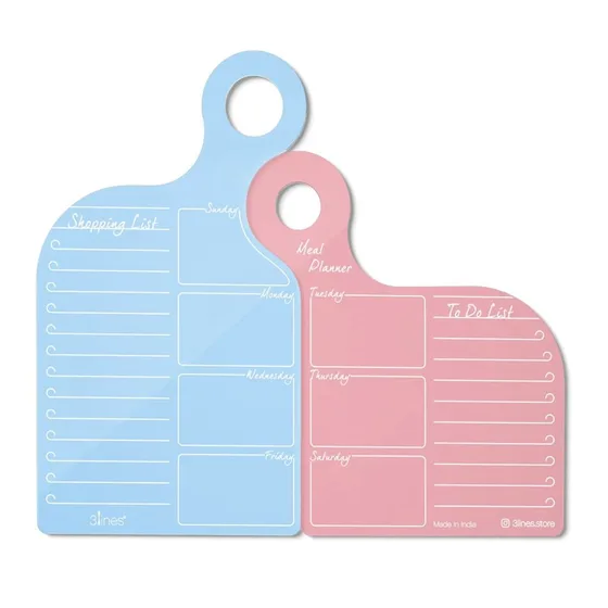 A blue and a pink acrylic list board, cut in the shape of chopping boards, side by side