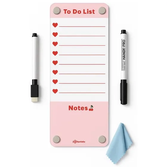A white and pink to-do list board with two black markers and a wiping cloth