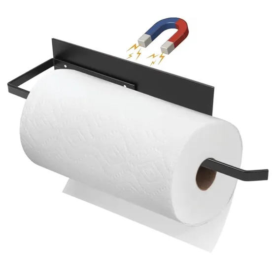 A black magnetic paper towel holder with a kitchen roll on it