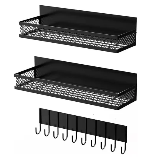 Two black mesh magnetic shelves and a matching hook rail