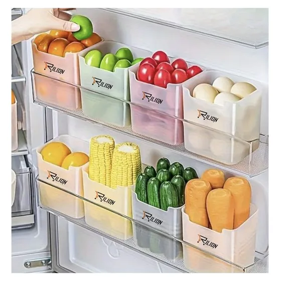 Slim pastel bins sitting in fridge door racks, holding fruit, corn, chillies and carrots