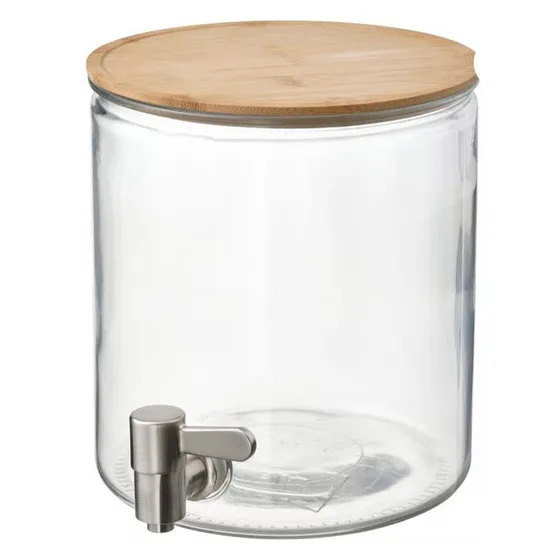A large round glass jar with a bamboo lid and a steel tap at the base