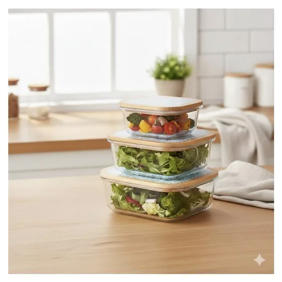 Three stacked glass containers with bamboo lids, holding salad, on a kitchen counter