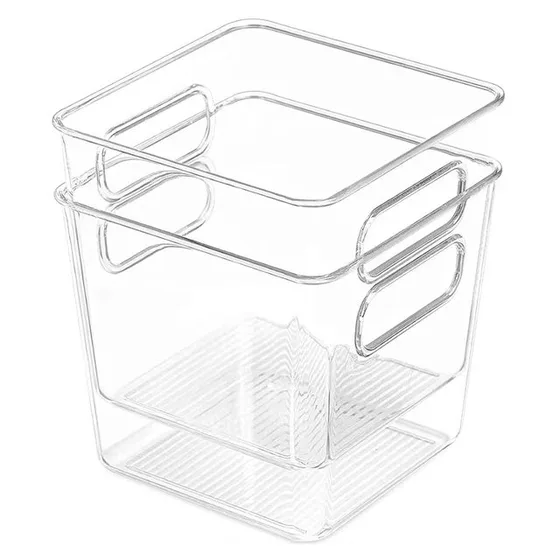 Two small square clear acrylic bins with handles, one stacked on the other