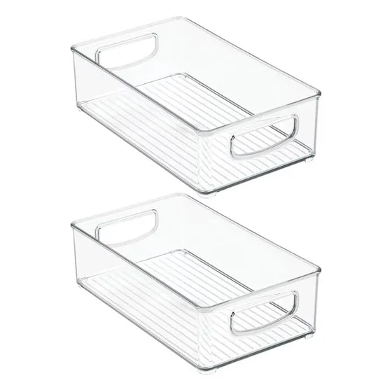 Two large clear acrylic bins with cut-out handles