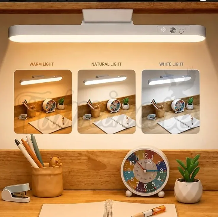 A magnetic bar light over a desk, shown in warm, natural and white tones