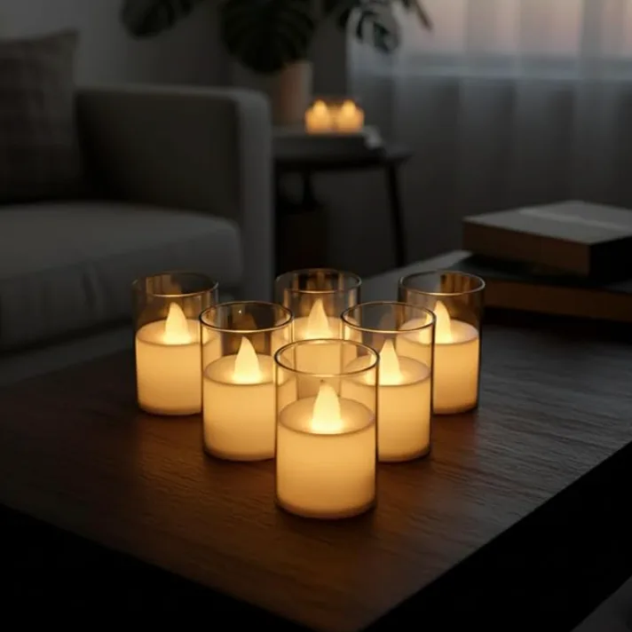 Six flameless LED candles in frosted glass votives, grouped on a dark coffee table