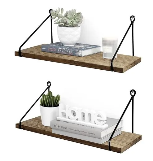 Two wooden wall shelves held up by black metal rope-style brackets