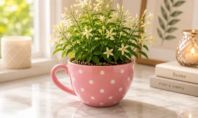 Pink ceramic teacup planter with white polka dots