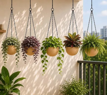 Hanging planters on metal chains