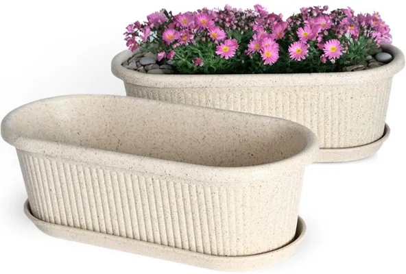 Cream ribbed rectangular planters with trays