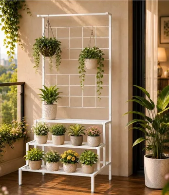 White tiered metal plant stand with a hanging grid