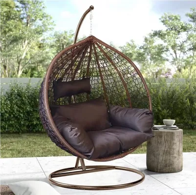 Rattan hanging swing chair with stand and cushion