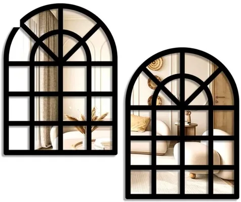 Pair of black arched window mirrors