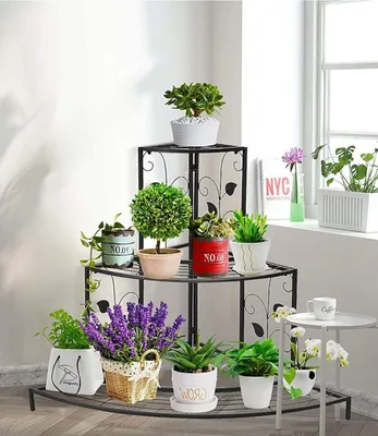 Black three-tier quarter-round corner plant stand